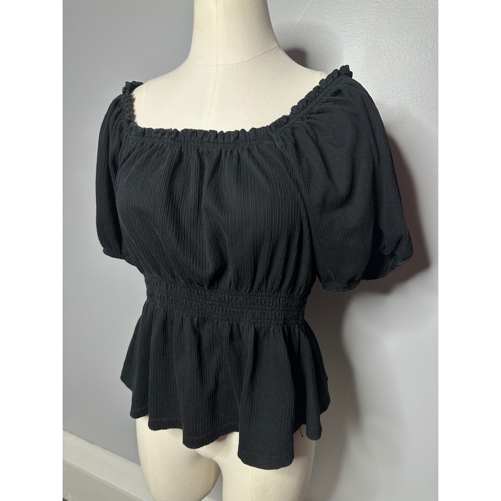 Old Navy Womens Black Smocked Peplum Top Puff Sleeve Square Neck Gauze Large
